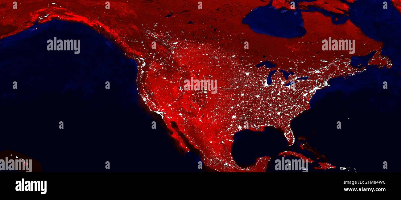North American continent electric lights map at night. Electric  lighing of cities USA, Canada, Mexico at night. Map of North and Central America. Stock Photo