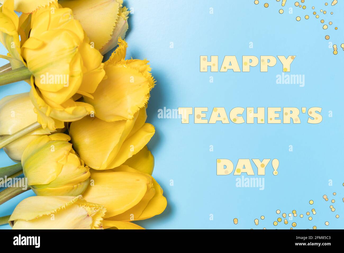 Horizontal banner with yellow tulip flowers on a blue background with the inscription Happy Teacher's Day. Congratulations on the holiday day of the t Stock Photo