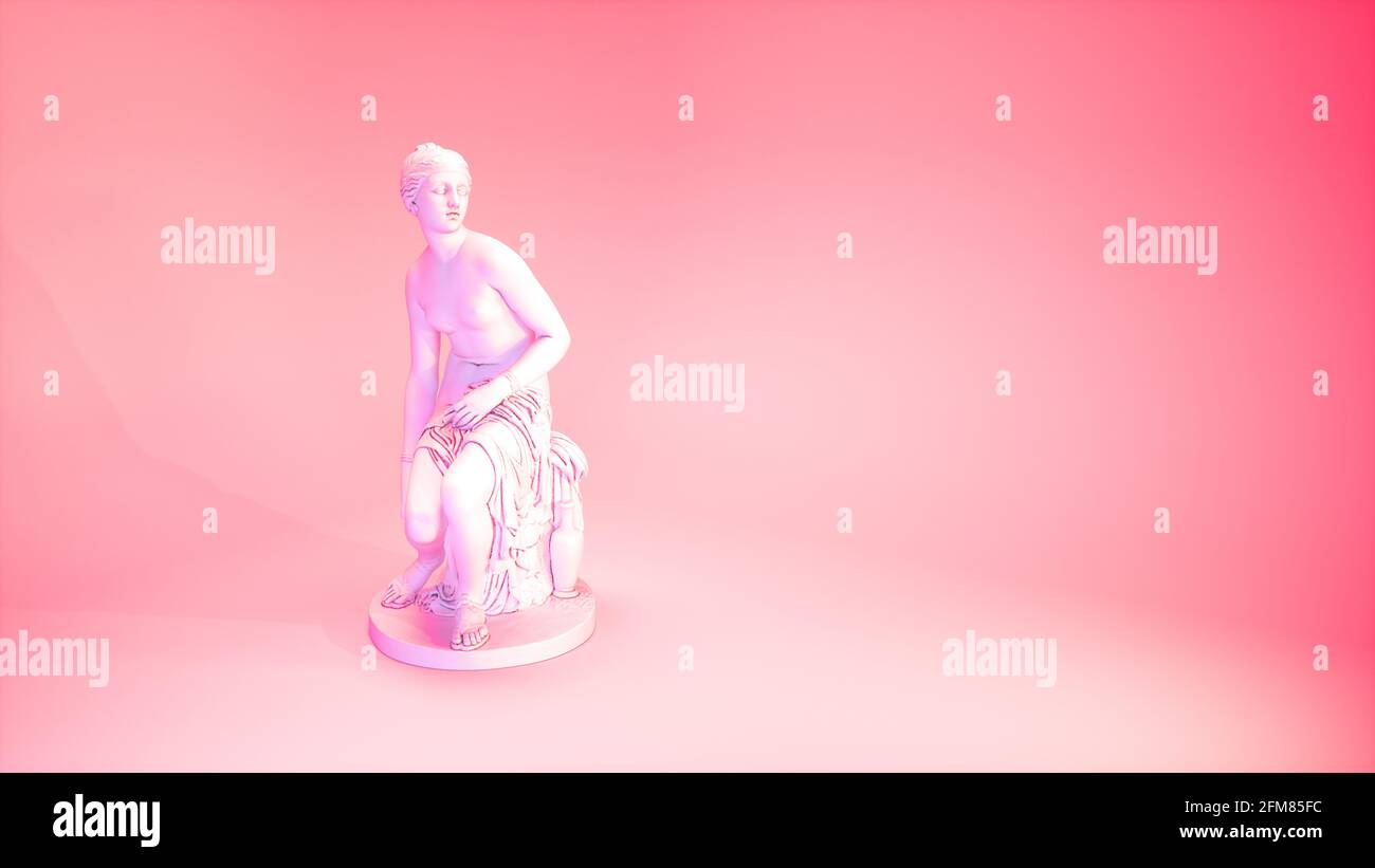 Vaporwave aesthetics ancient statue in vibrant pink lights in empty room. Stock Photo