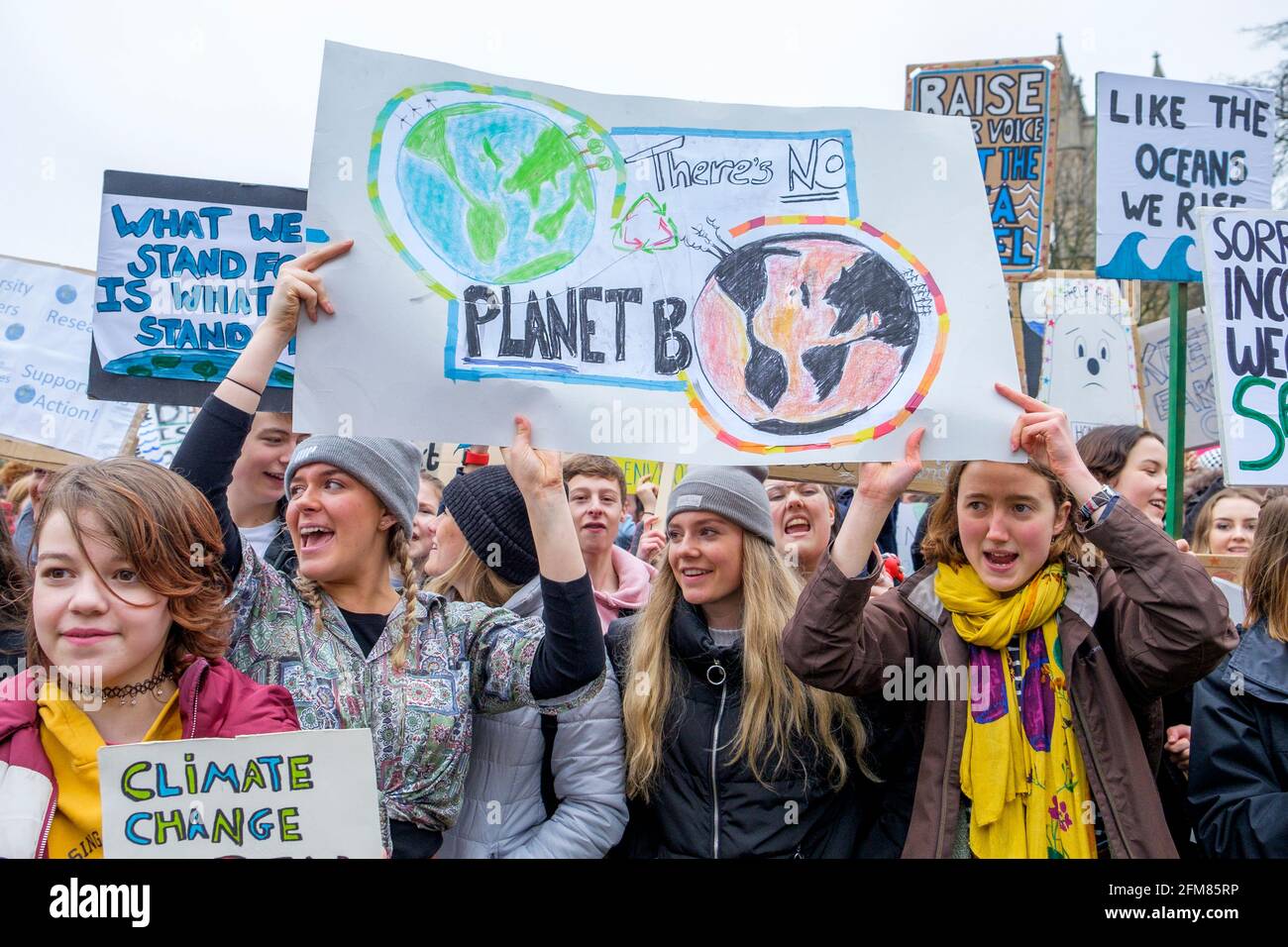 Bristol college student protesters and school children are pictured taking part in a Youth Strike 4 Climate change protest march in Bristol 15-03-19 Stock Photo