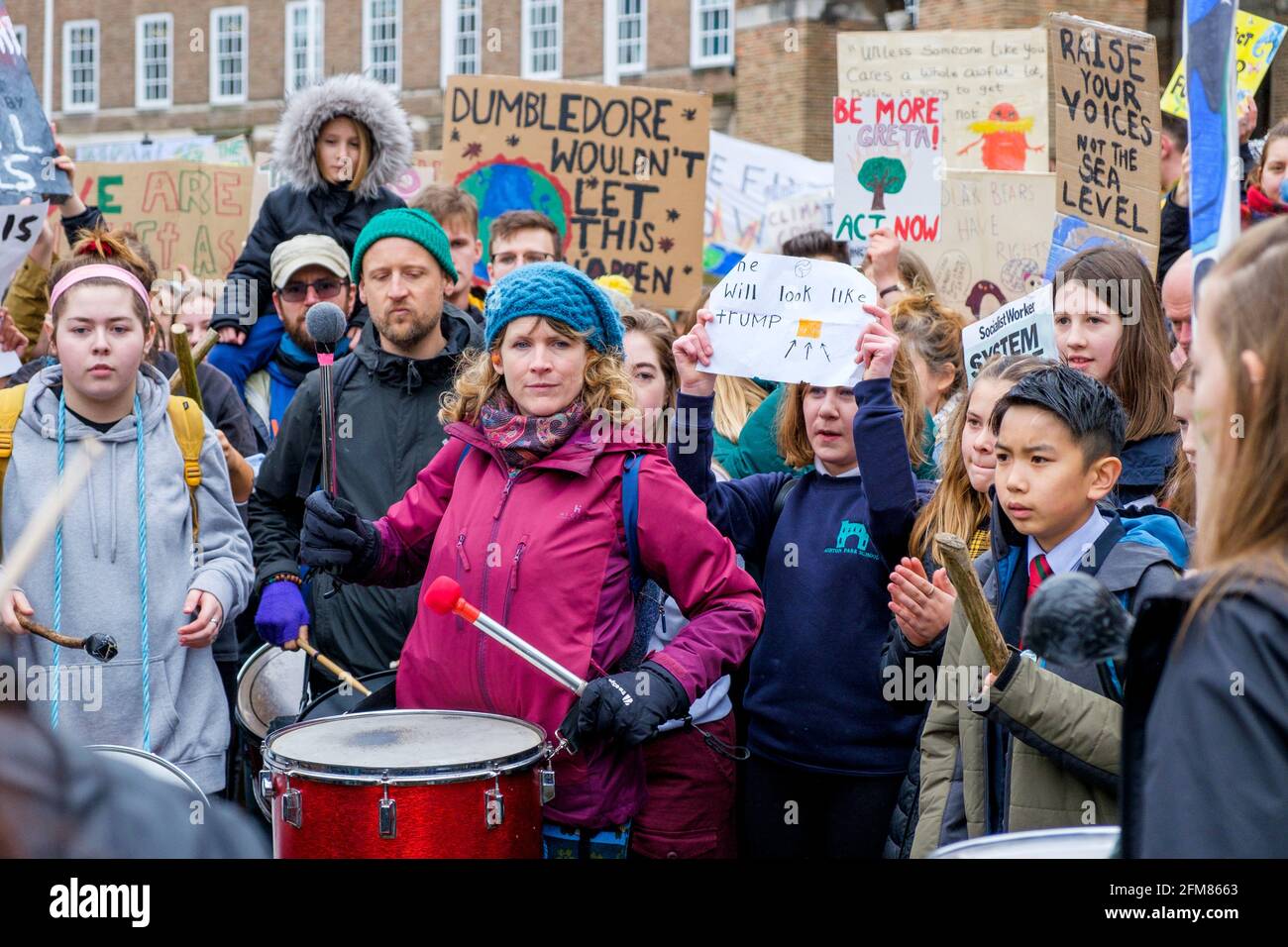Bristol college student protesters and school children are pictured taking part in a Youth Strike 4 Climate change protest march in Bristol 15-03-19 Stock Photo