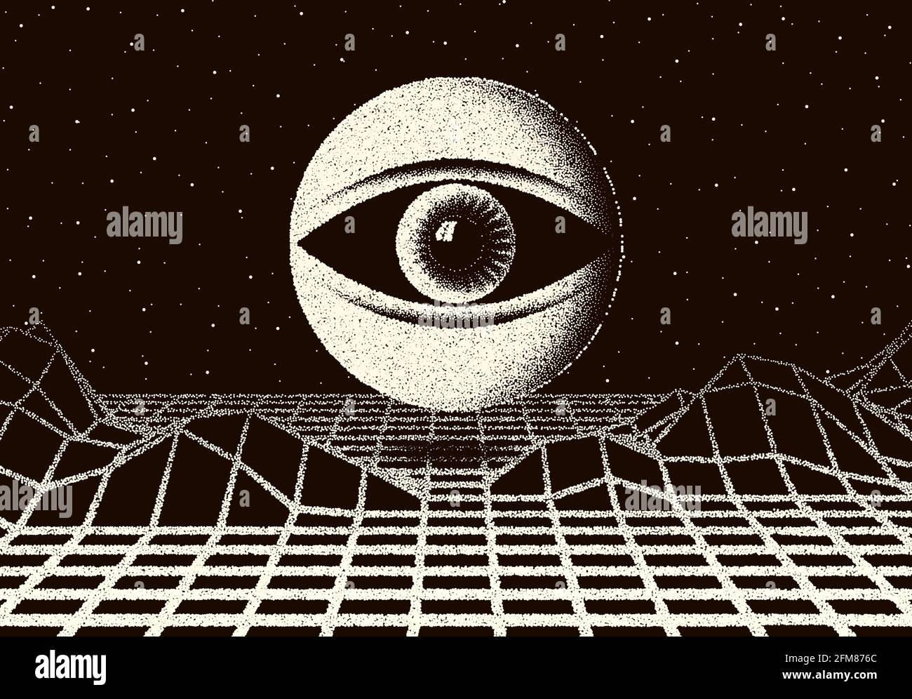 Retro dotwork landscape with 60s or 80s styled alien robotic space eye over the desert planet. Background with old sci-fi style. Stock Vector