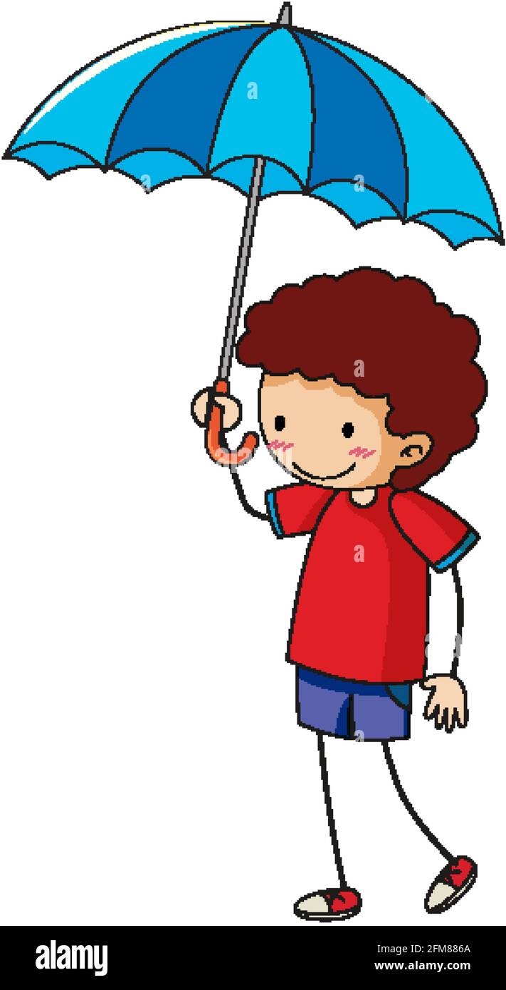 Cute girl holding umbrella doodle cartoon character isolated