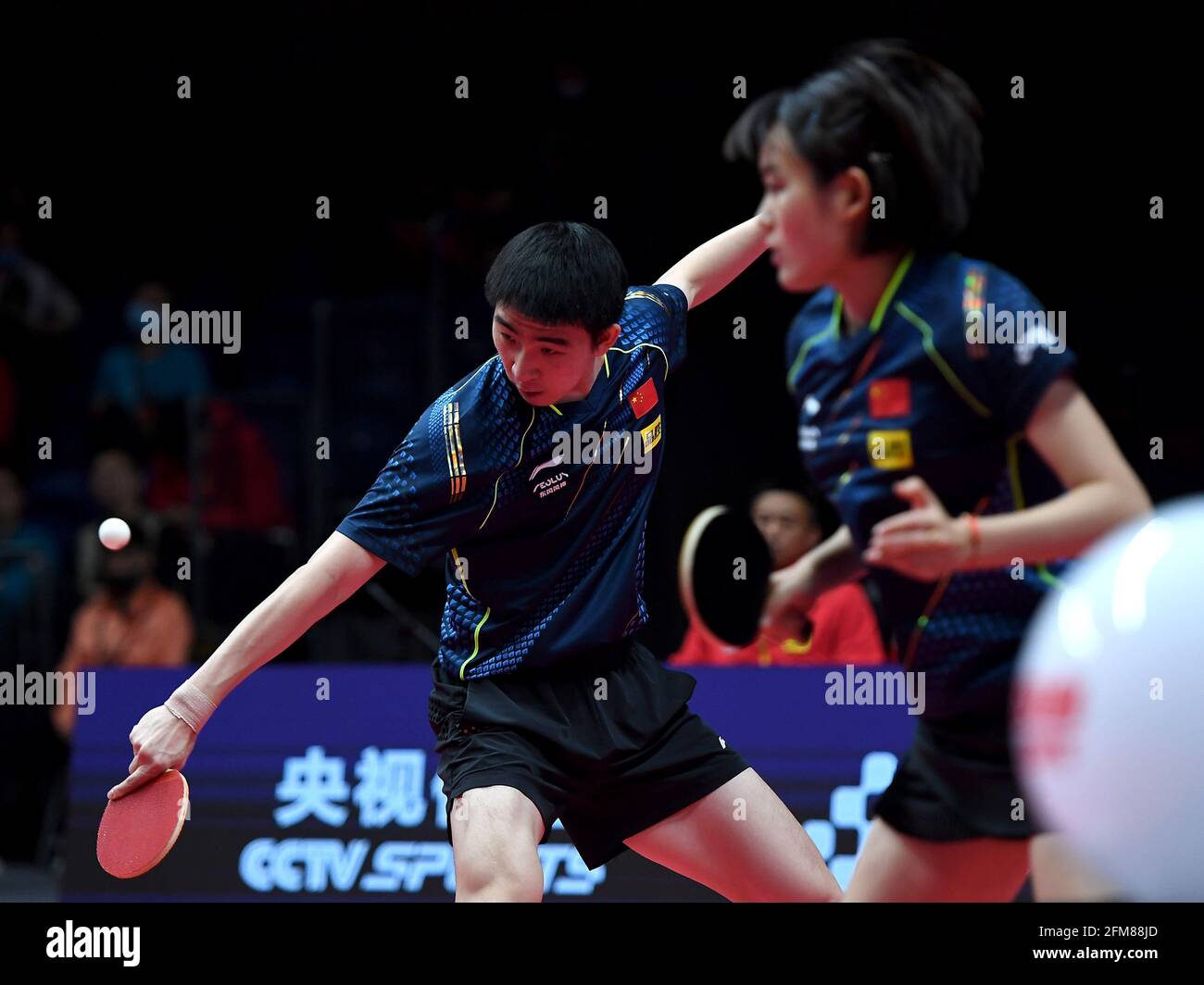 Xinxiang, China's Henan Province. 7th May, 2021. Ma Te (L)/Liu Fei compete  during the mixed doubles final against Zhou Yu/Chen Xingtong at the 2021  WTT (World Table Tennis) Grand Smashes Trials and