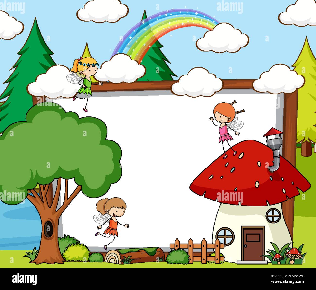 Blank banner in the forest scene with fairy tales cartoon character and ...