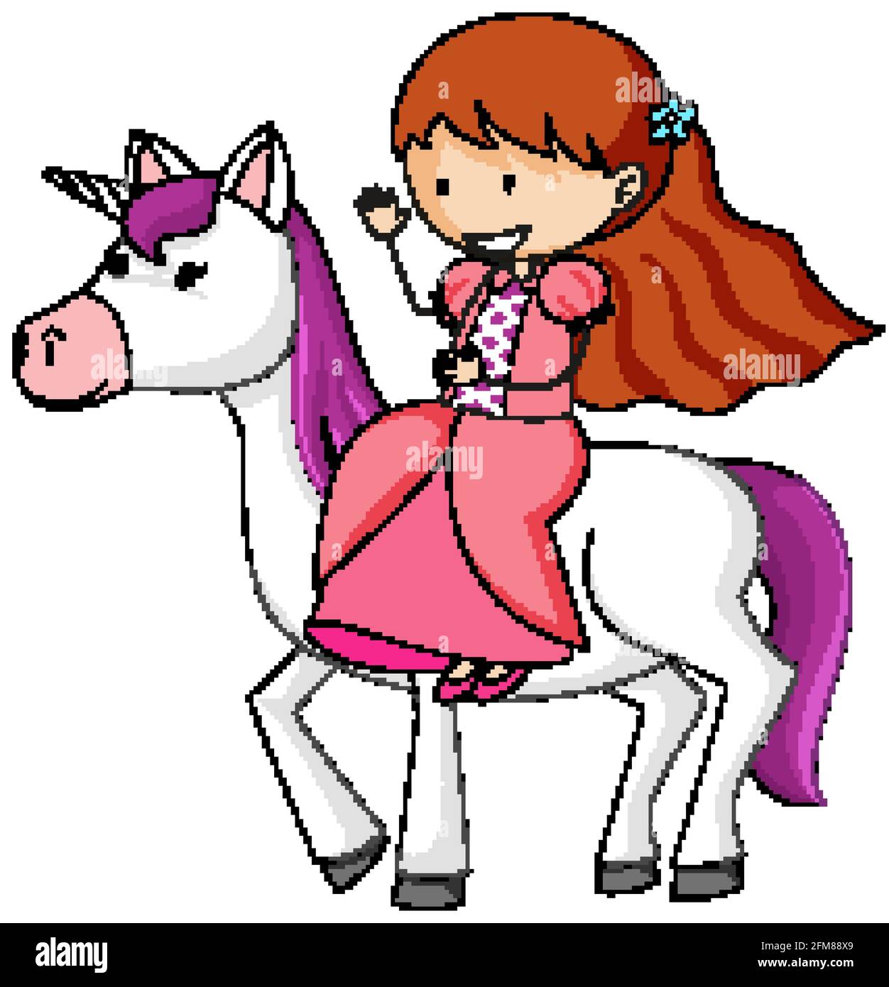 Simple cartoon character of a princess riding a unicorn isolated
