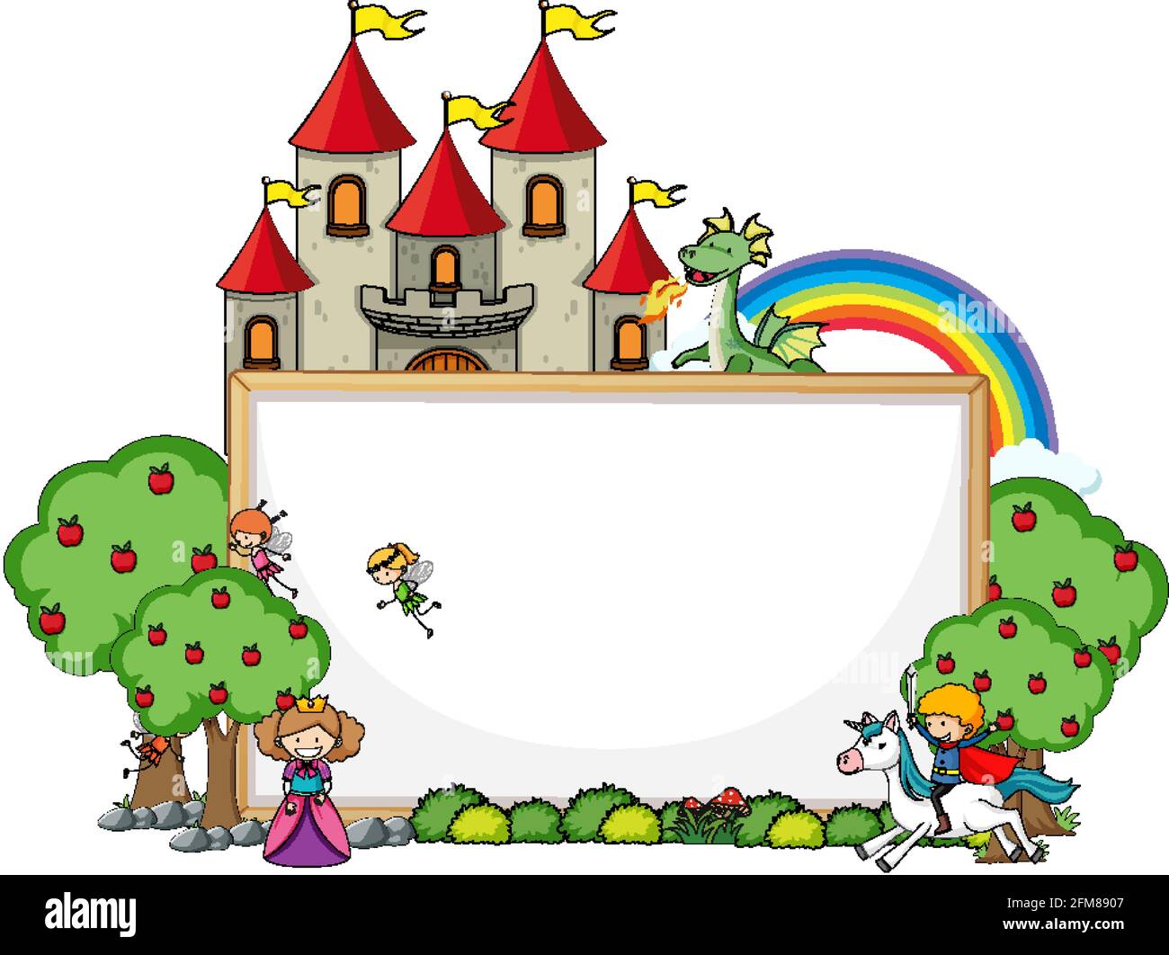 Empty banner with fairy tale cartoon character and elements isolated ...