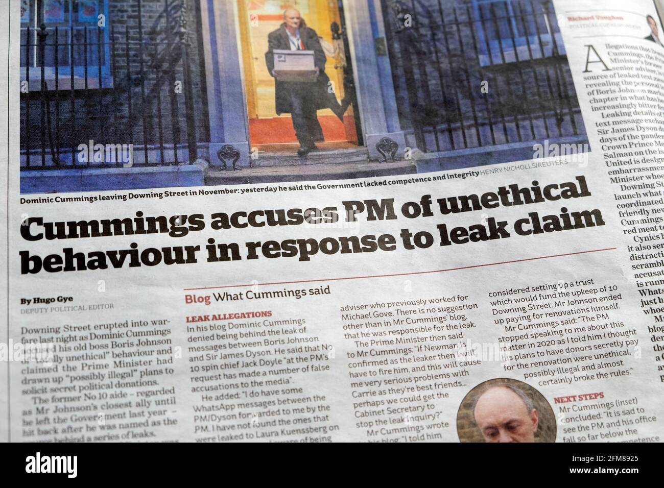 Dominic 'Cummings accuses PM of unethical behaviour in response to leak claim' PM Boris Johnson newspaper headline inside page of Guardian London UK Stock Photo