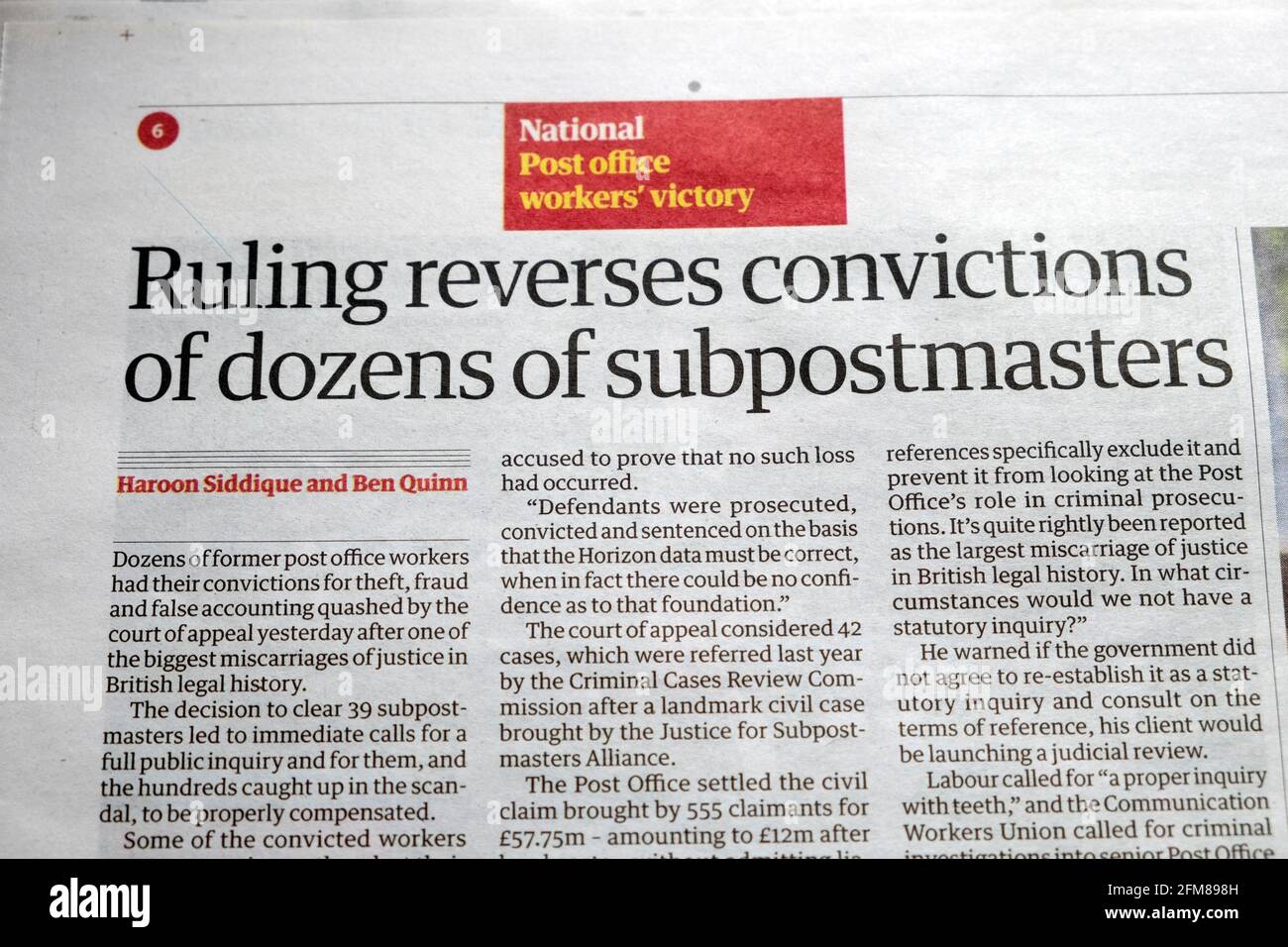 National Post office workers' victory 'Ruling reverses convictions of dozens of subpostmasters' Guardian newspaper theft fraud scandal article UK 2021 Stock Photo