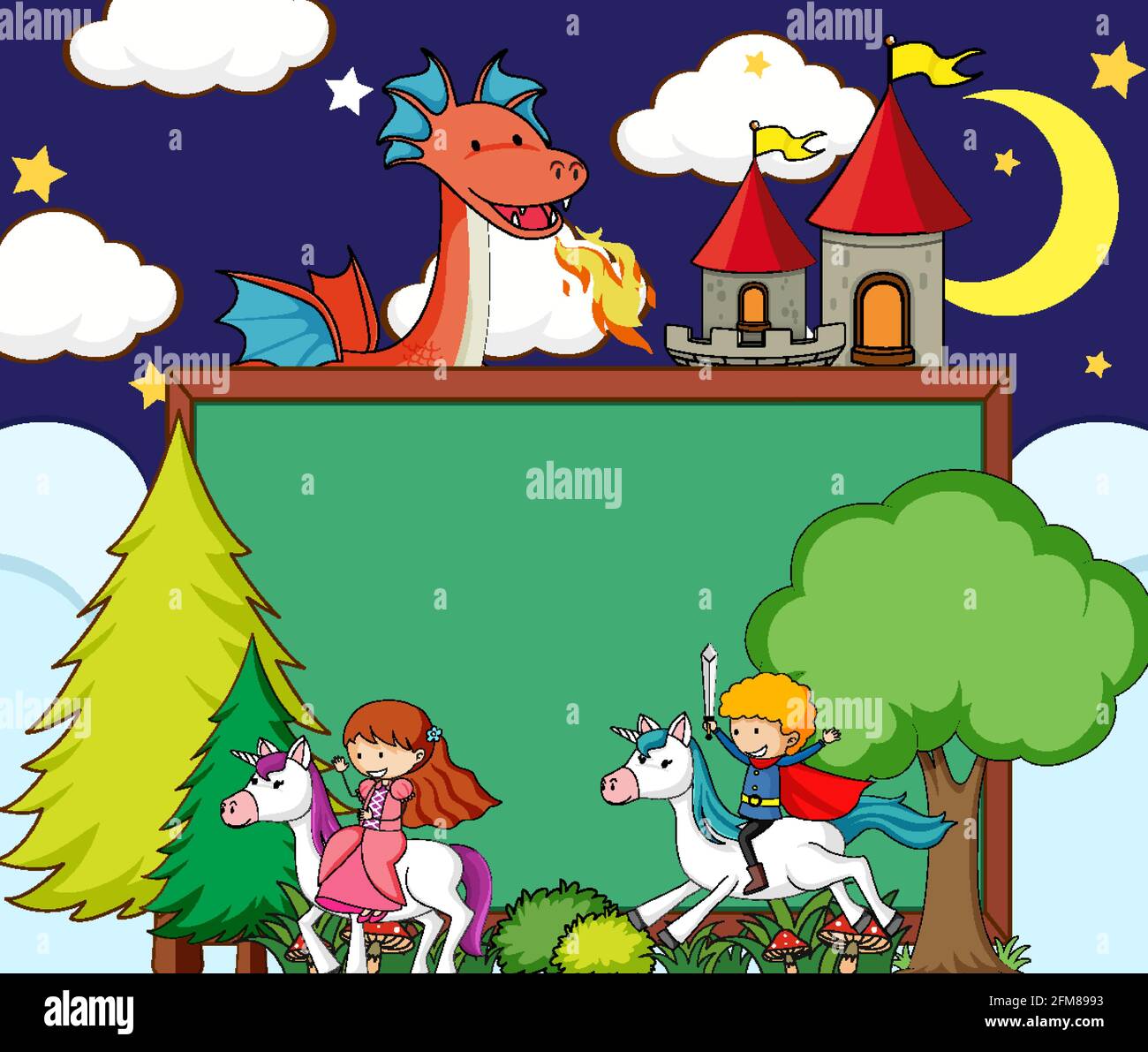 Empty chalkboard banner in the night sky with fairy tale cartoon ...