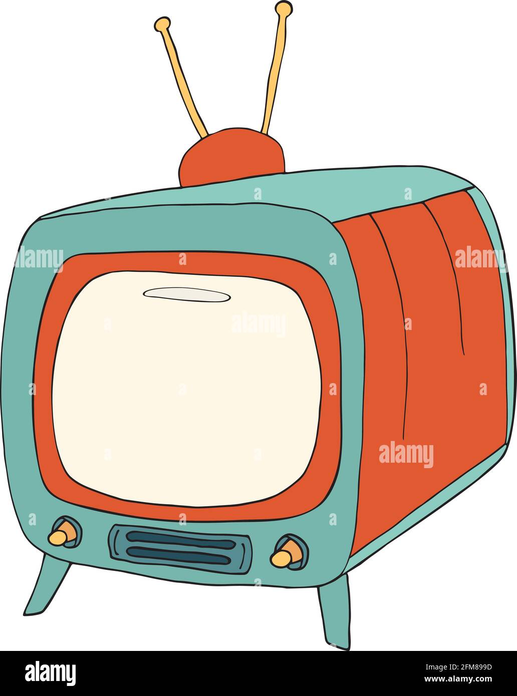 Blank TV display illustration in retro vintage style. Broadcasting or communication concept. Old isolated television with antenna. Hand draw comic Stock Vector