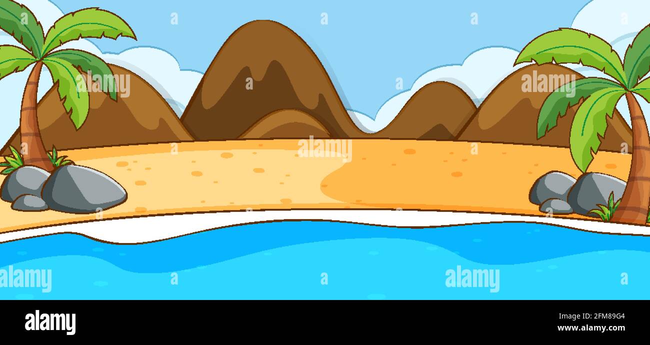 Empty beach landscape scene with mountains illustration Stock Vector ...