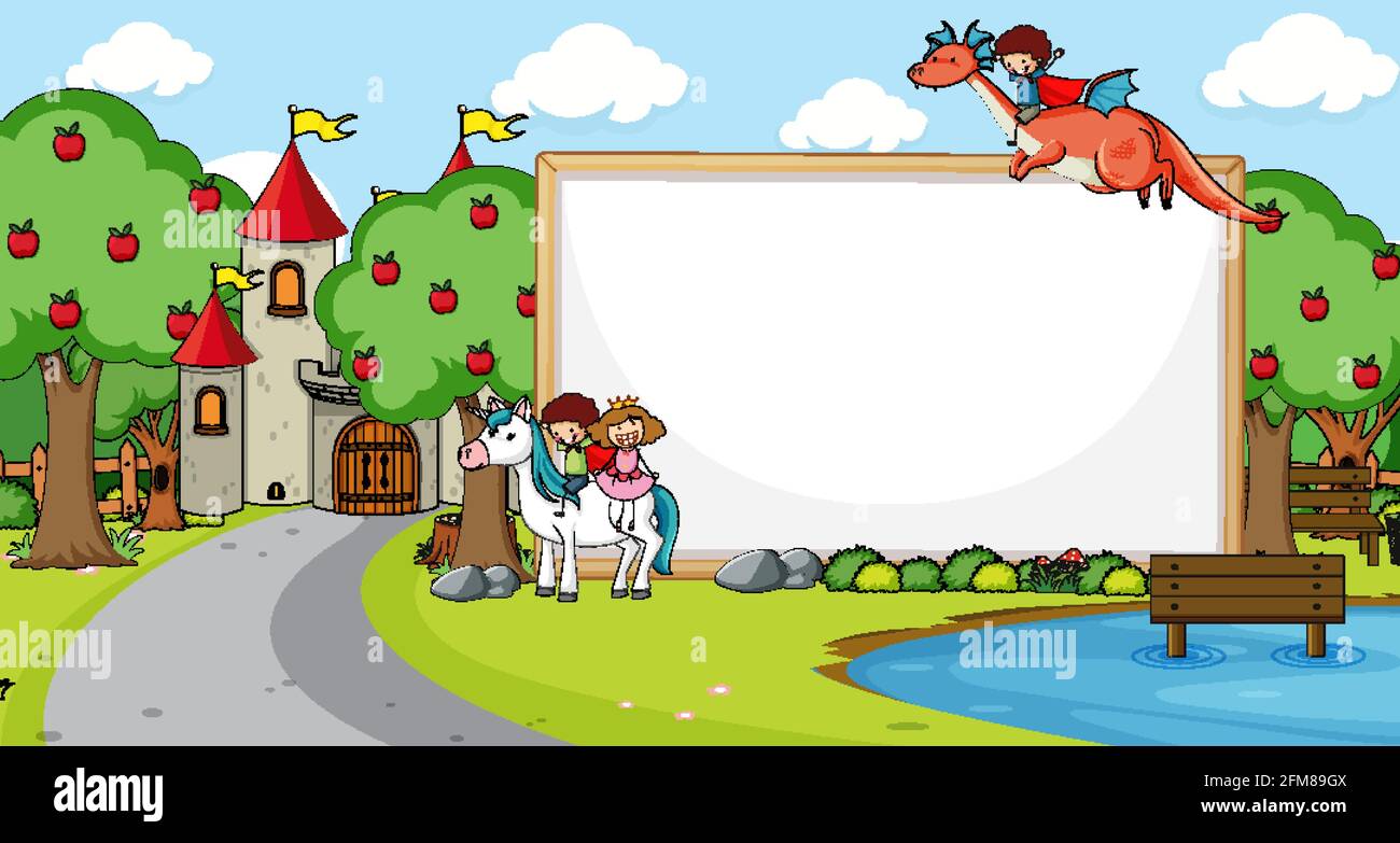 Blank banner in the forest scene with fairy tales cartoon character and ...