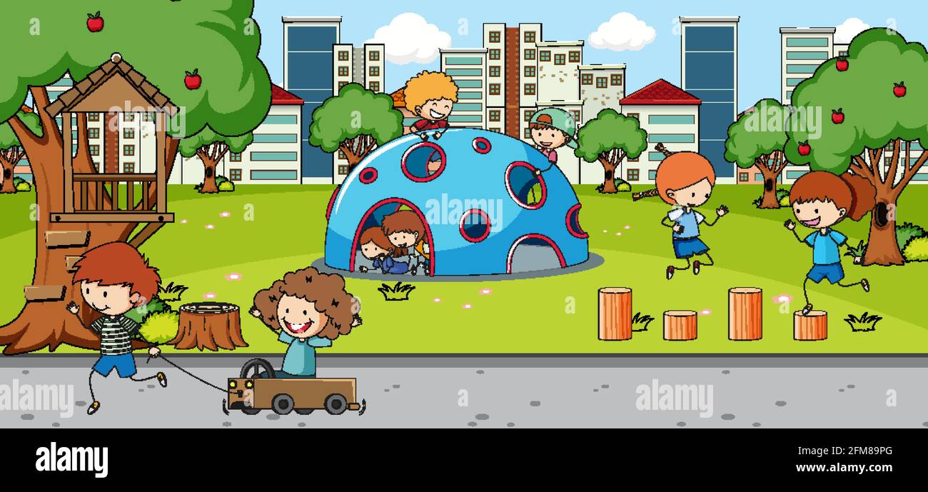 Outdoor scene with many kids playing in the park illustration Stock ...