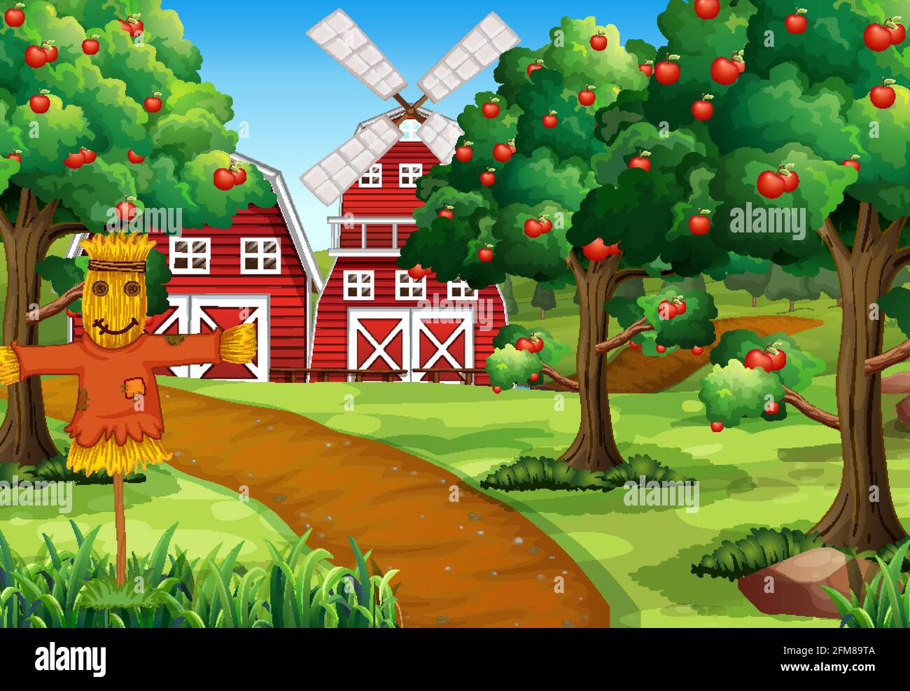 Farm scene with red barn and windmill illustration Stock Vector Image ...