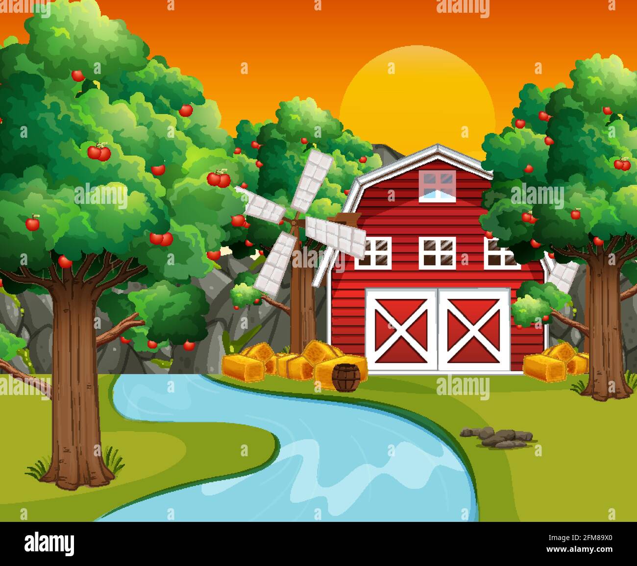 Farm scene with red barn and windmill illustration Stock Vector Image ...