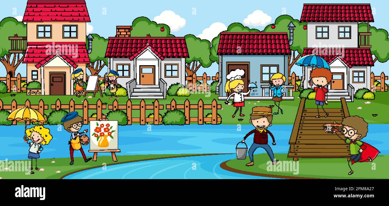 Outdoor scene with many kids playing in the park illustration Stock ...