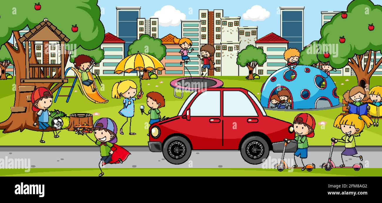 Outdoor scene with many kids playing in the park illustration Stock ...