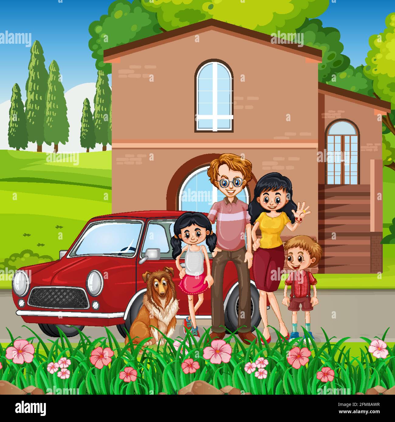Happy family standing outside home with a car illustration Stock Vector