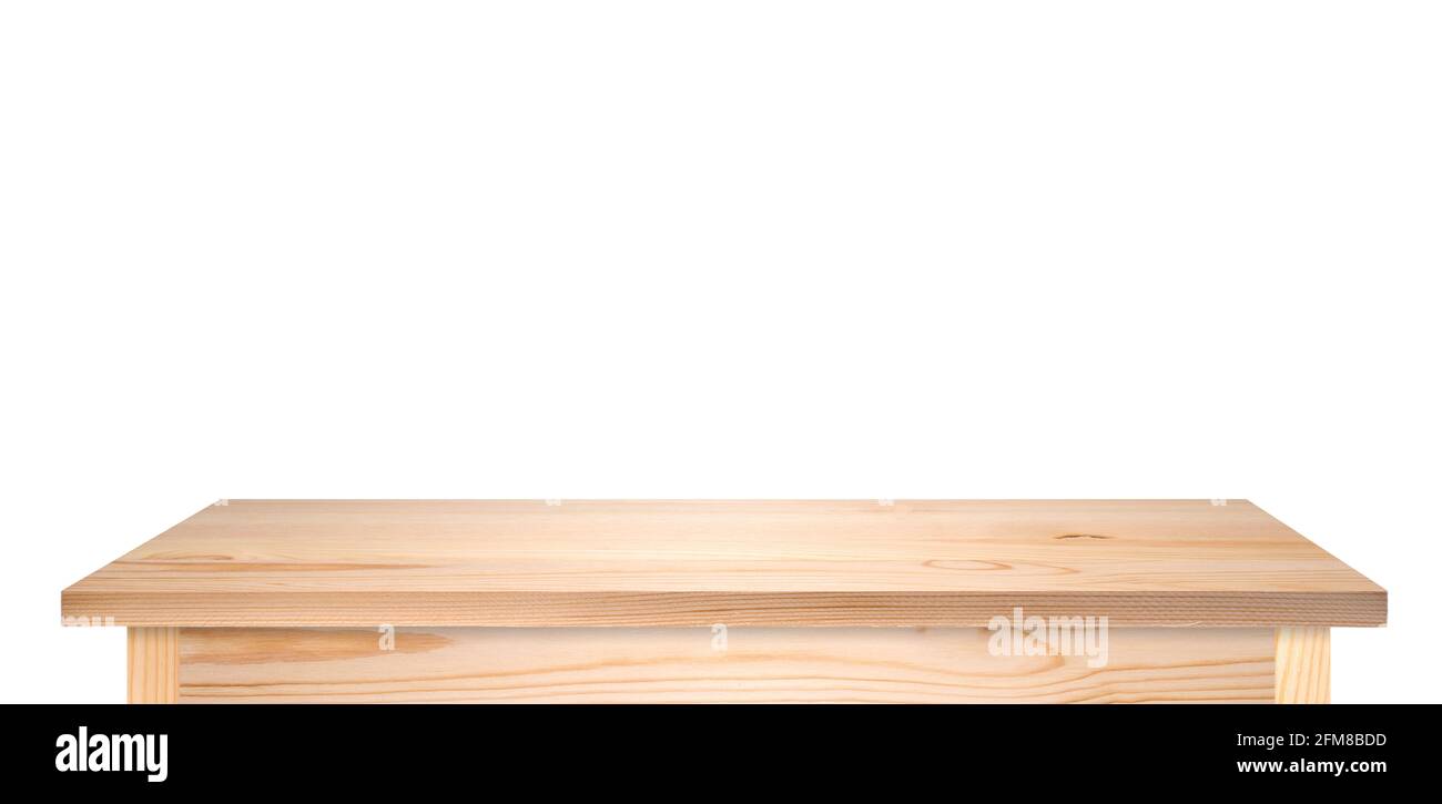 Wood white desk, table top surface in perspective isolated on