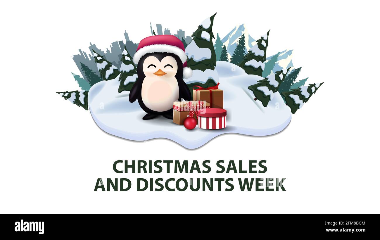 Christmas sales and discounts week, modern discount banner with pines