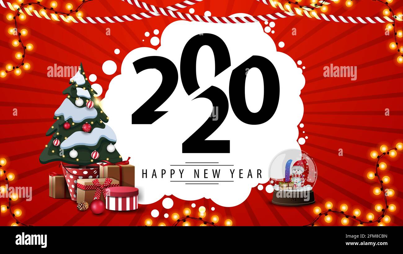 Red New Year postcard with beautiful number 2020, garlands, white ...