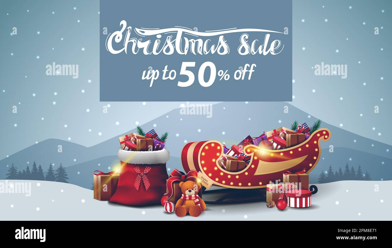 Christmas sale, up to 50 off, discount banner with gray winter