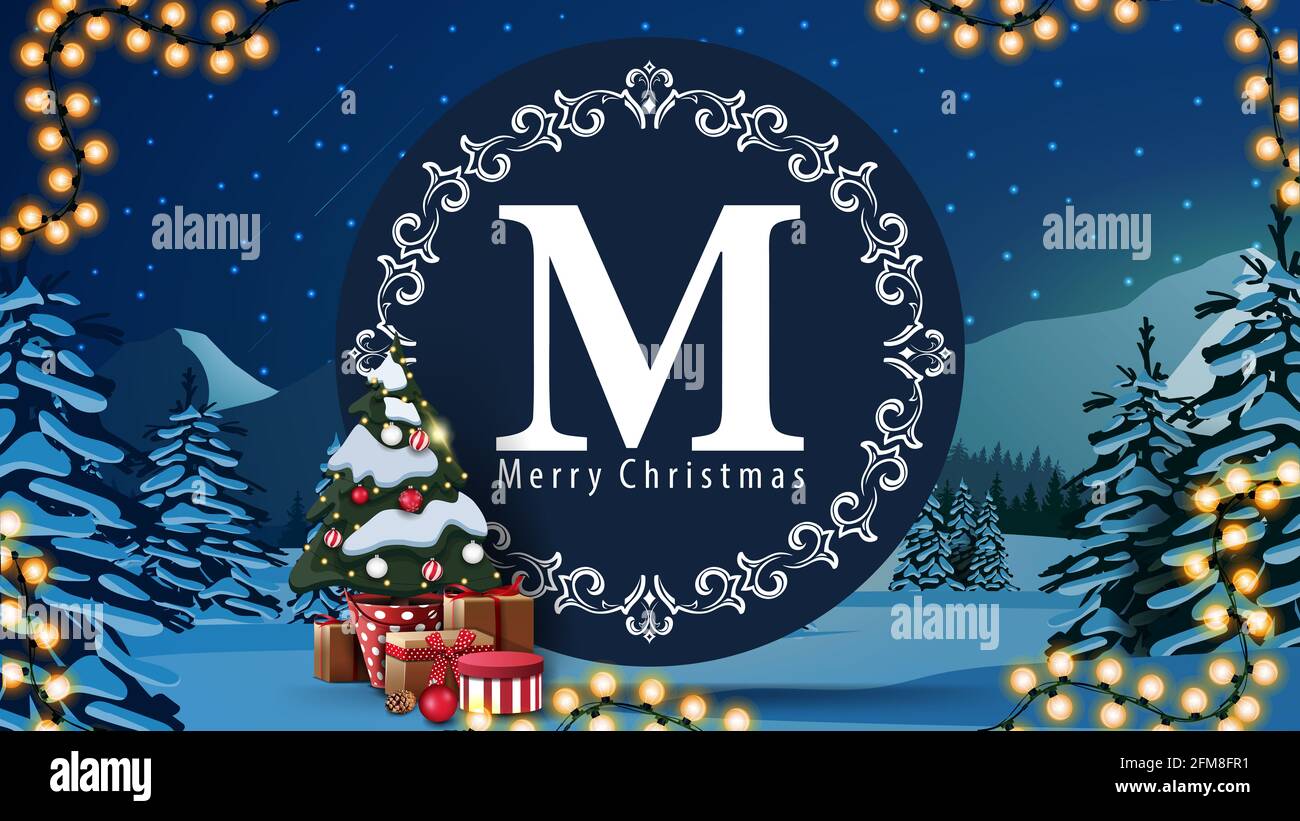 Merry Christmas, postcard with round logo, garland, Christmas tree in a ...