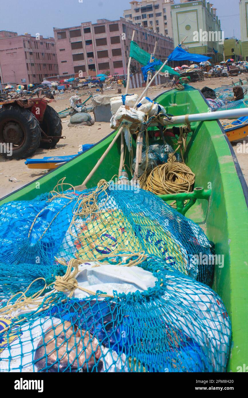 Fishing boat on the beach, Chennai, Tamil Nadu, India Stock Photo Alamy