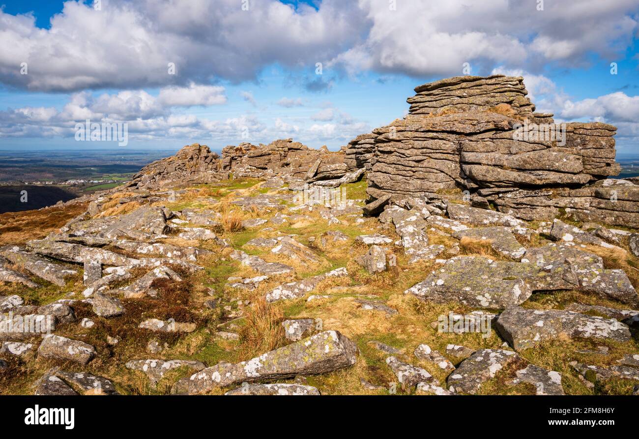 Granite outcrop with horizontal jointing, Belstone Tor, Dartmoor National Park, Devon, England, UK Stock Photo
