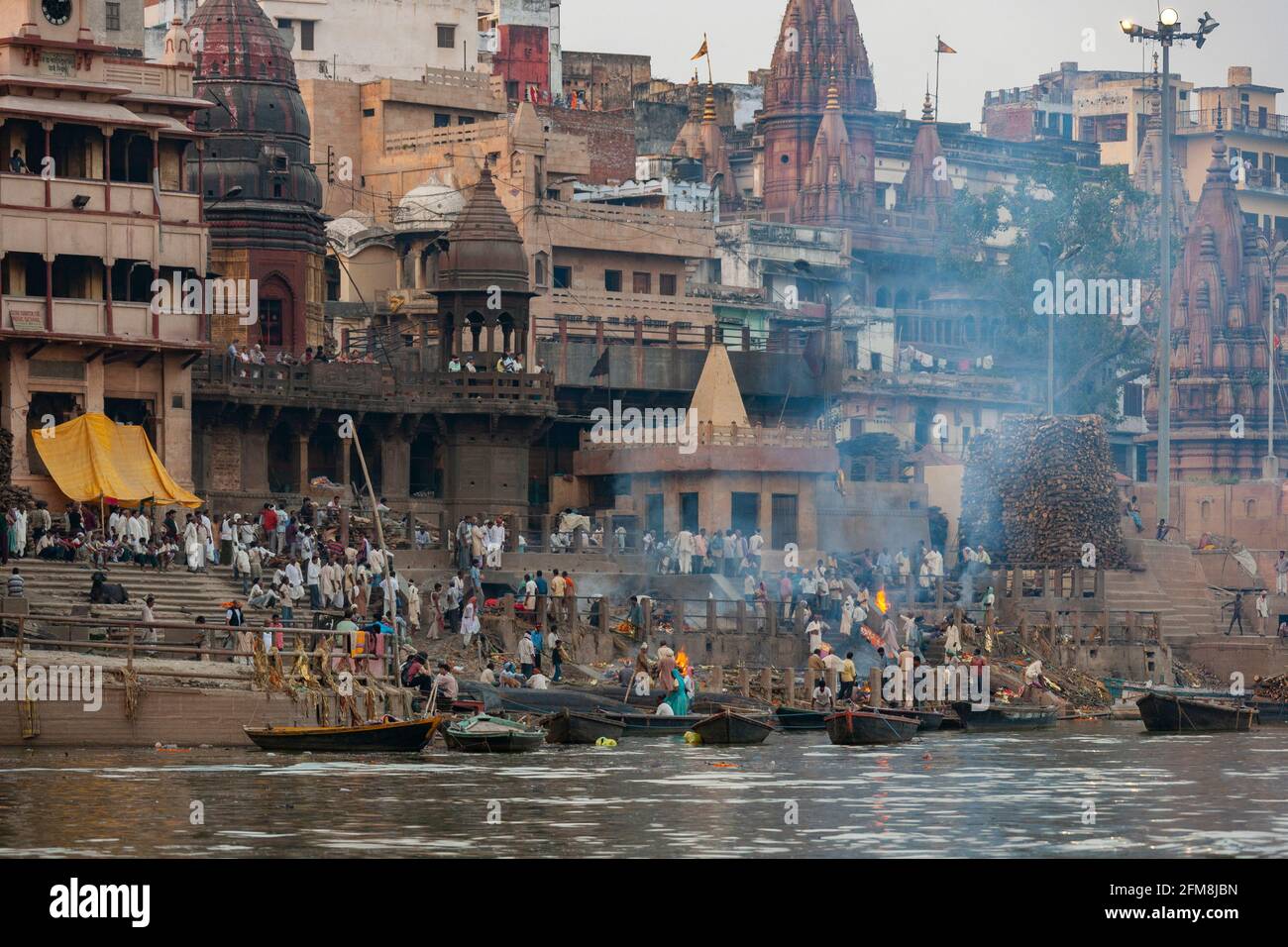 The Hindu Cremation Ghats on the banks of the Holy River Ganges at