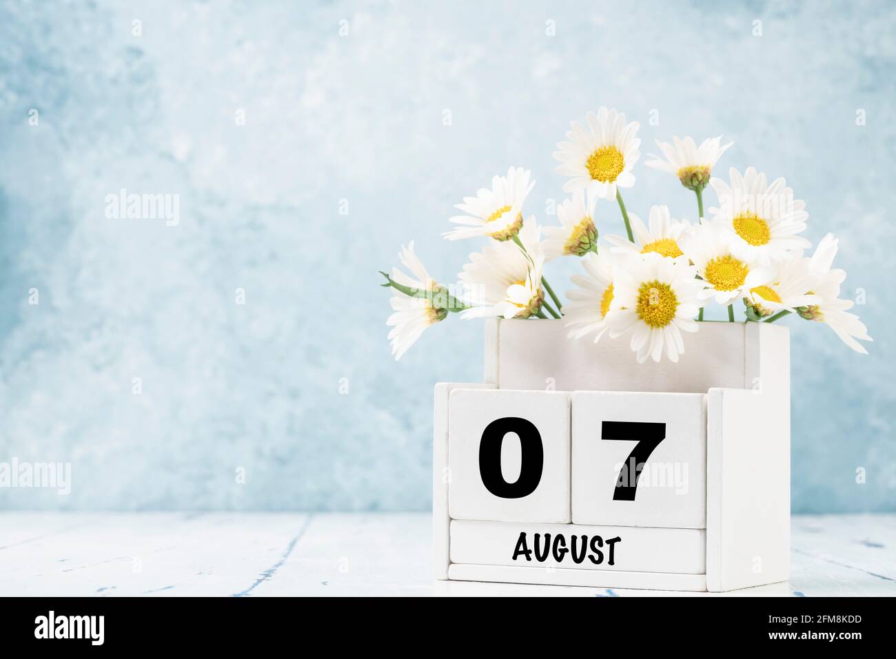 White cube calendar for August decorated with daisy flowers over blue ...
