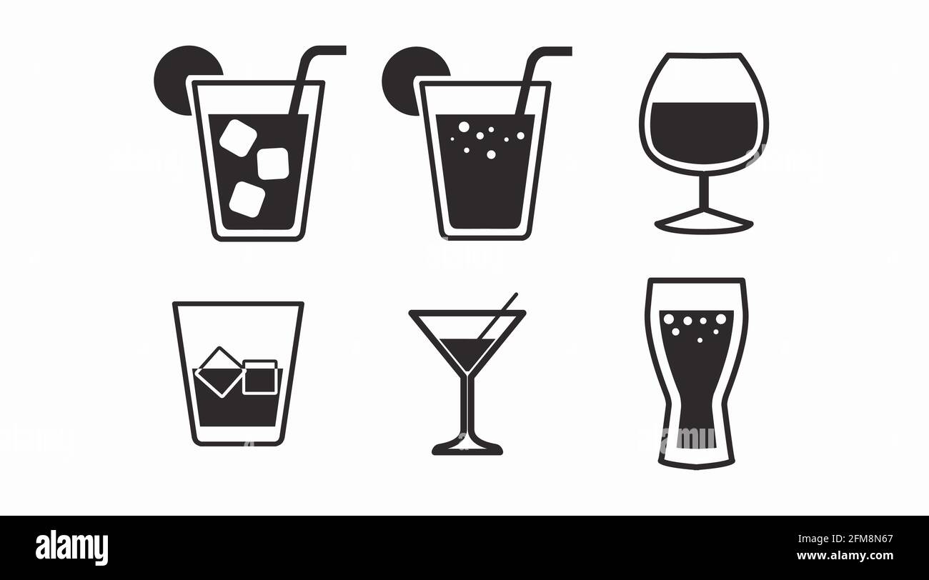 Drinks Icon Set. Vector isolated back and white set of different drinks
