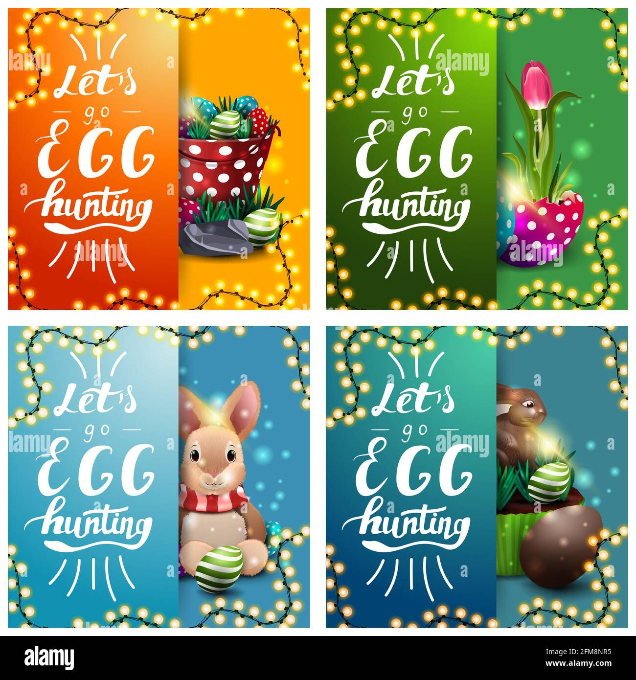 Let's go egg hunting, collection postcards with Easter icons and beautiful letterings in material design Stock Photo