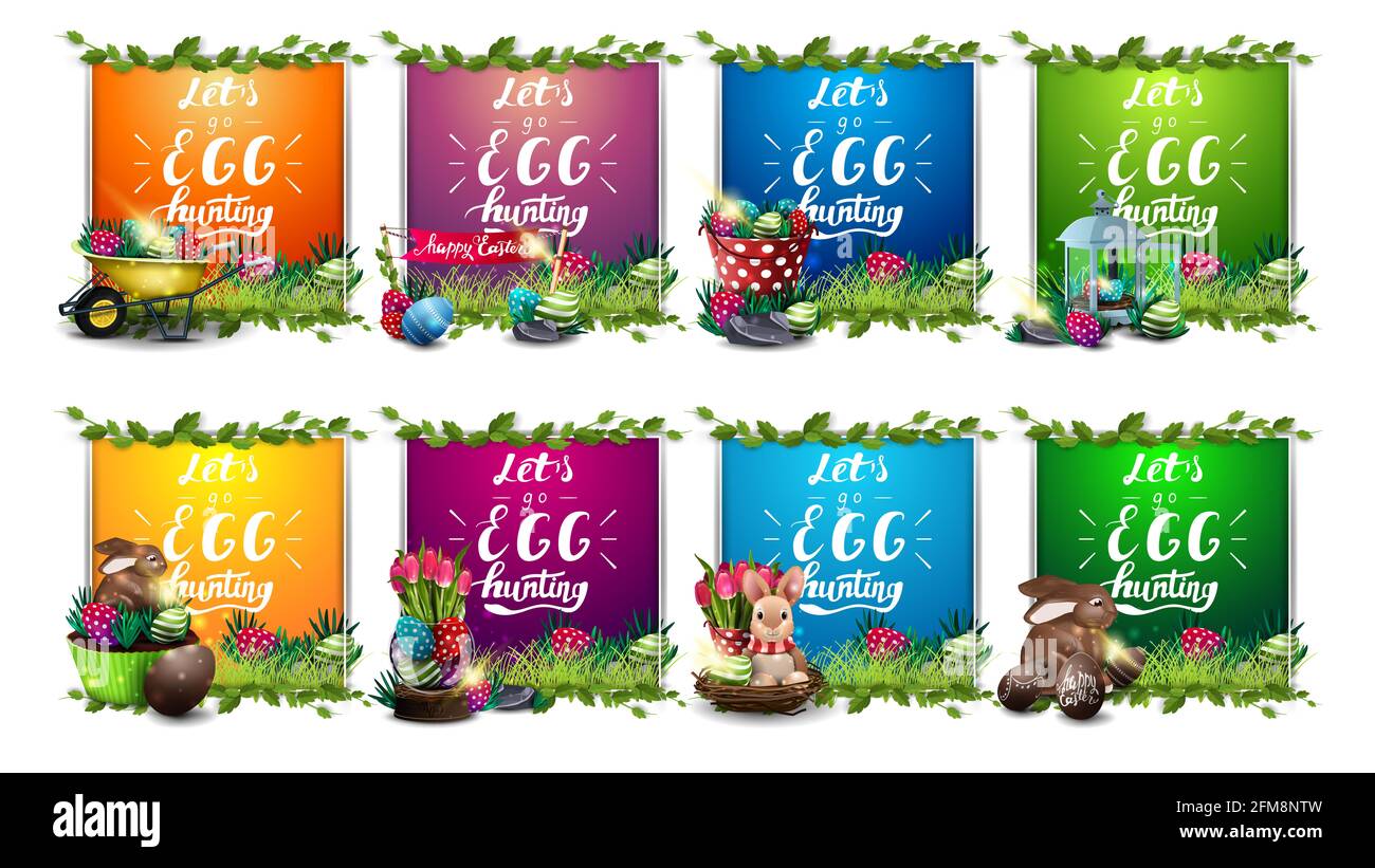 Let's go egg hunting, collection colorful postcards with Easter icons, beautiful letterings and frame of liana. Large collection Easter postcards Stock Photo