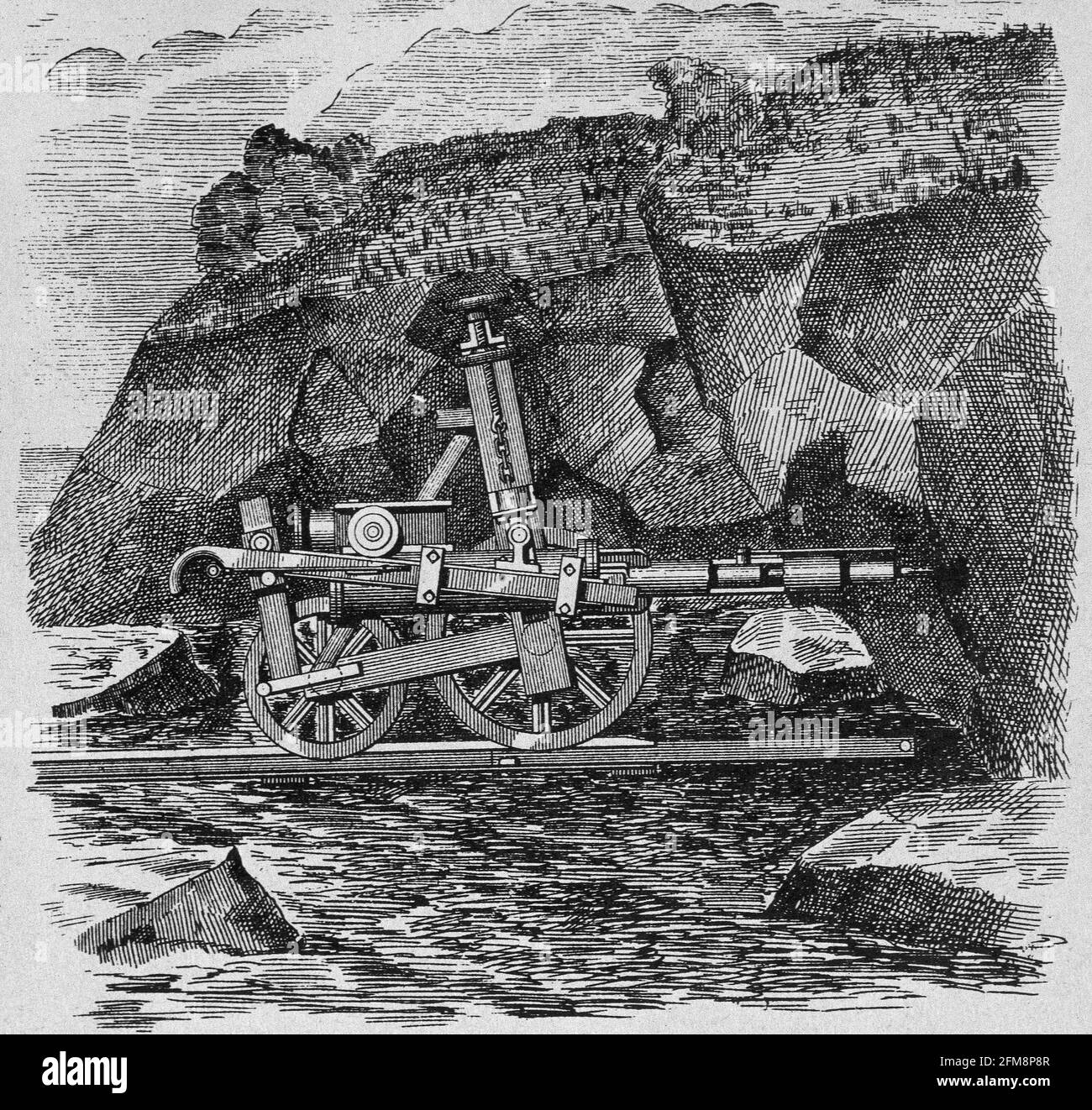 GRABADO-MAQUINA PARA TRABAJAR EN MINAS DE CARBON-1884-PATENTE USA. Stock Photo