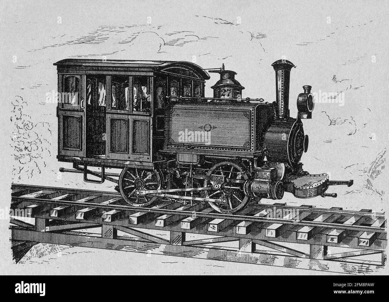 GRABADO-LOCOMOTORA-TANQUE O CISTERNA PARA CAMINOS ELEVADOS-1883-PATENTE USA. Stock Photo