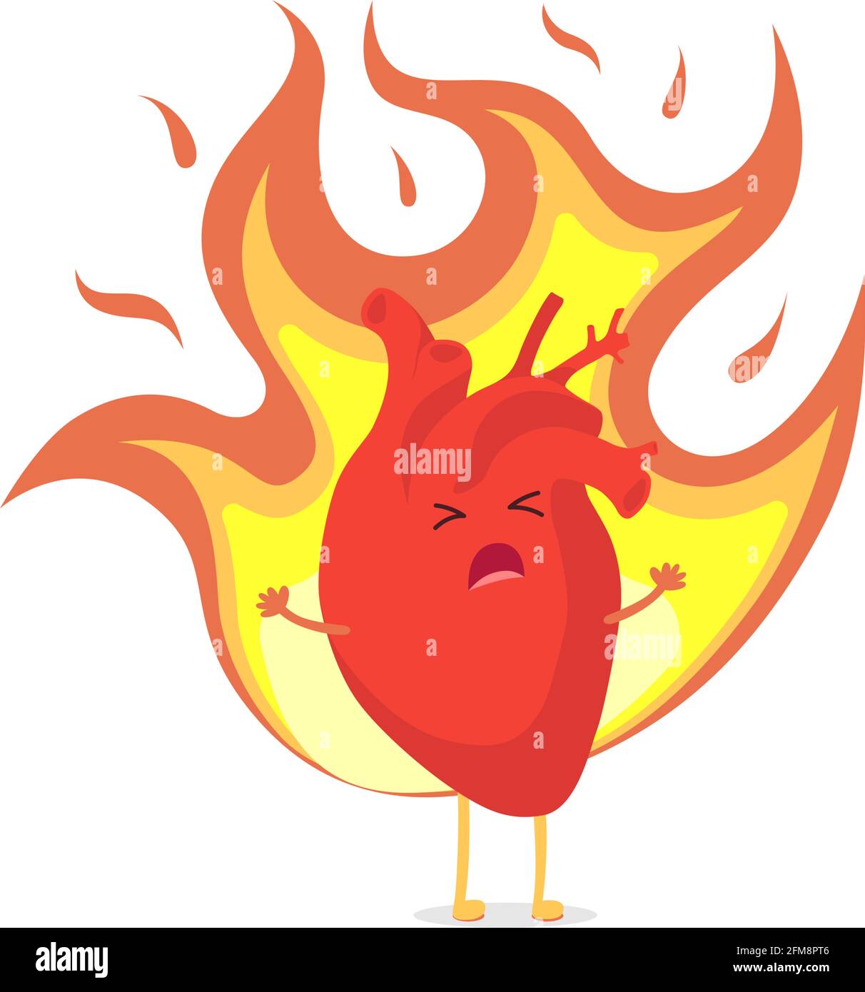 Cute cartoon heart character burning with passion love and suffering from unrequited feelings. Human internal organ in flame. Conceptual romantic symbol vector illustration Stock Vector