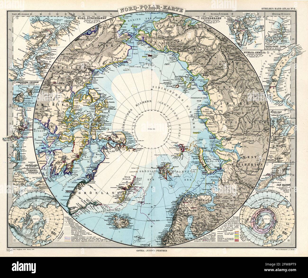 Vintage copper engraved map of North Pole from 19th century. All maps