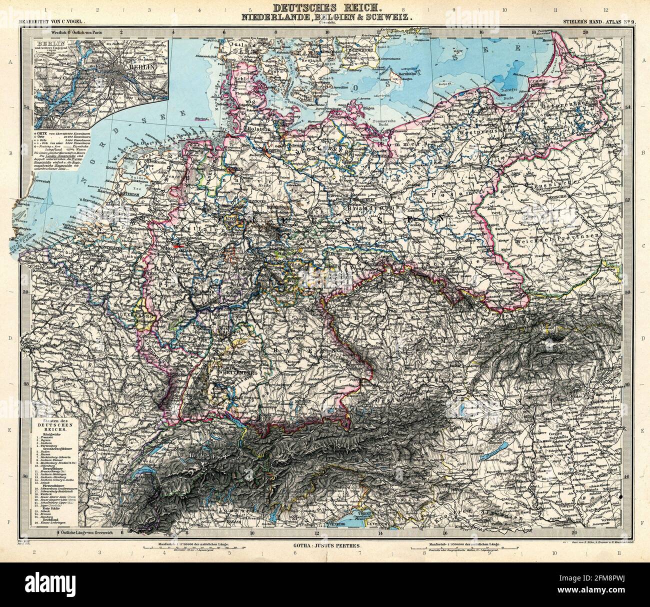 Vintage copper engraved map of Germany from 19th century. All maps are