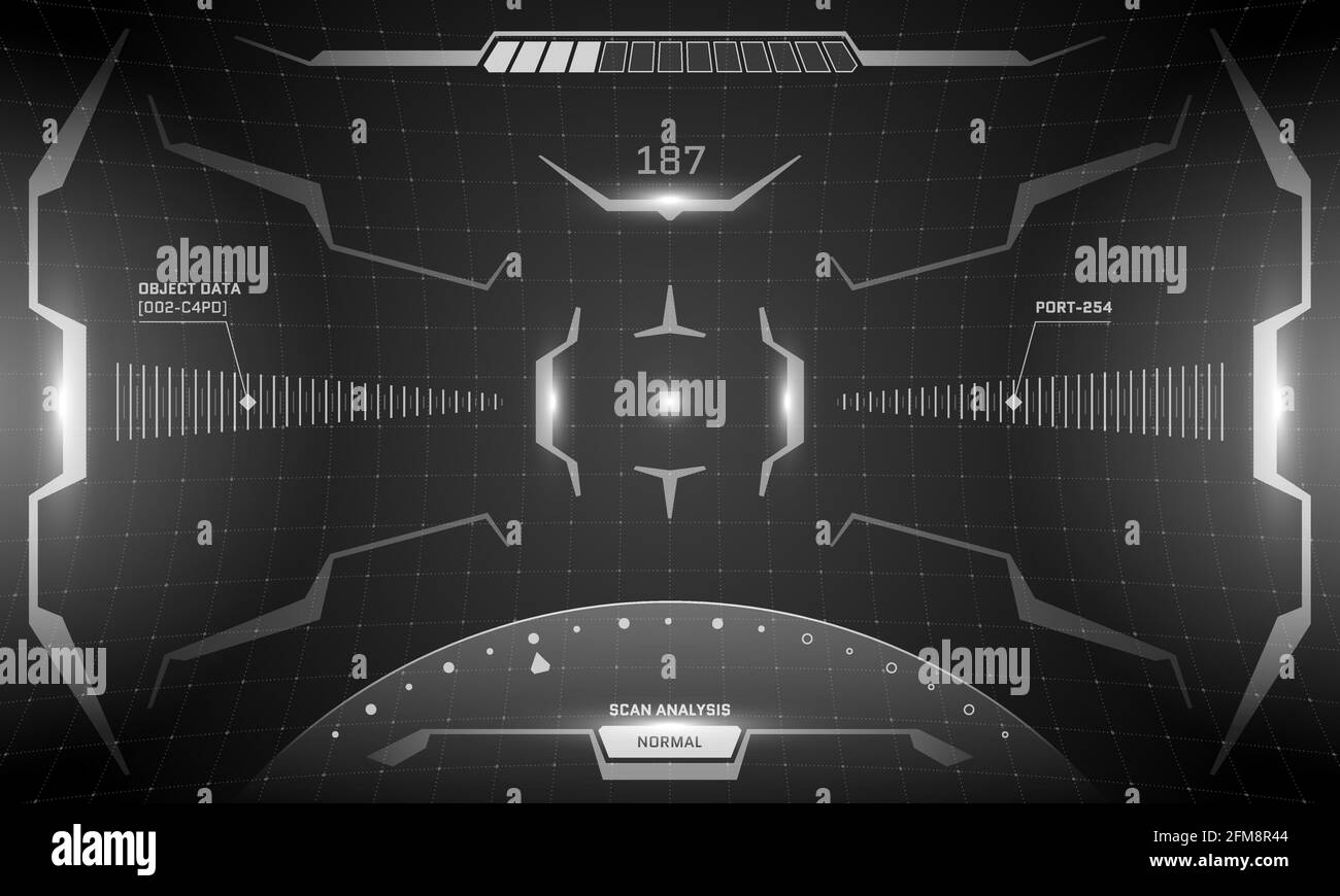 VR HUD interface cyberpunk screen black and white design concept. Futuristic sci-fi virtual reality view head up display visor. GUI UI digital technology spaceship dashboard panel vector illustration Stock Vector
