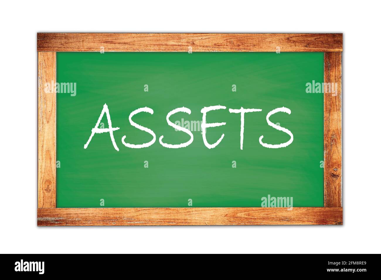 ASSETS text written on green wooden frame school blackboard. Stock Photo