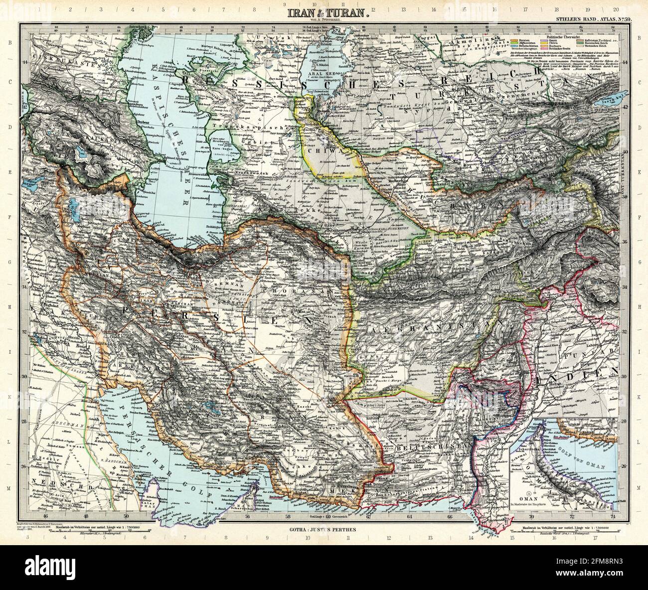 Vintage copper engraved map of Iran from 19th century. All maps are beautifully colored and illustrated showing the world at the time. Stock Photo