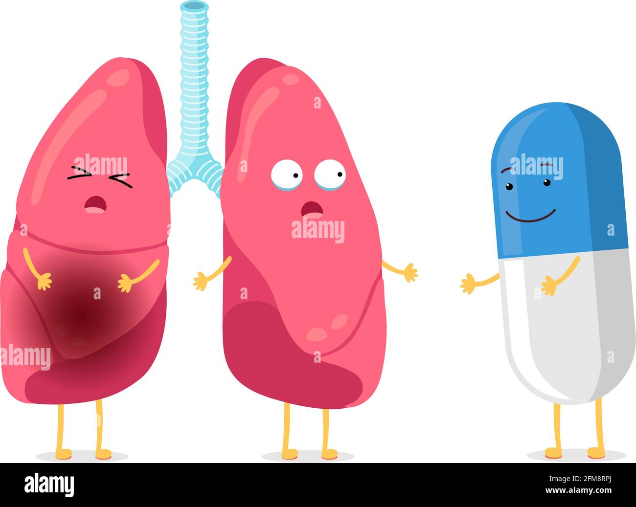 Unhealthy illness and strong healthy lungs character with smiling pill