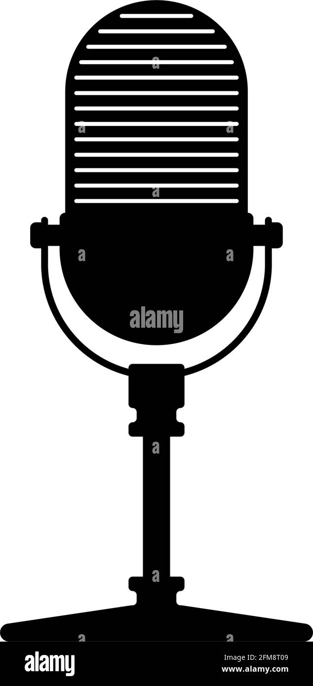 Retro vintage radio stand microphone. Mic silhouette. Music, voice, podcast record icon. Recording studio symbol. Vector illustration on white background Stock Vector
