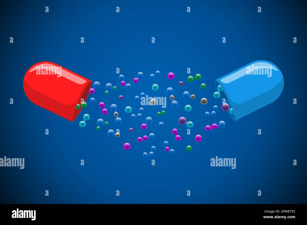 Medical capsule pill open with many colorful molecules on blue background. Medicine drug vitamin