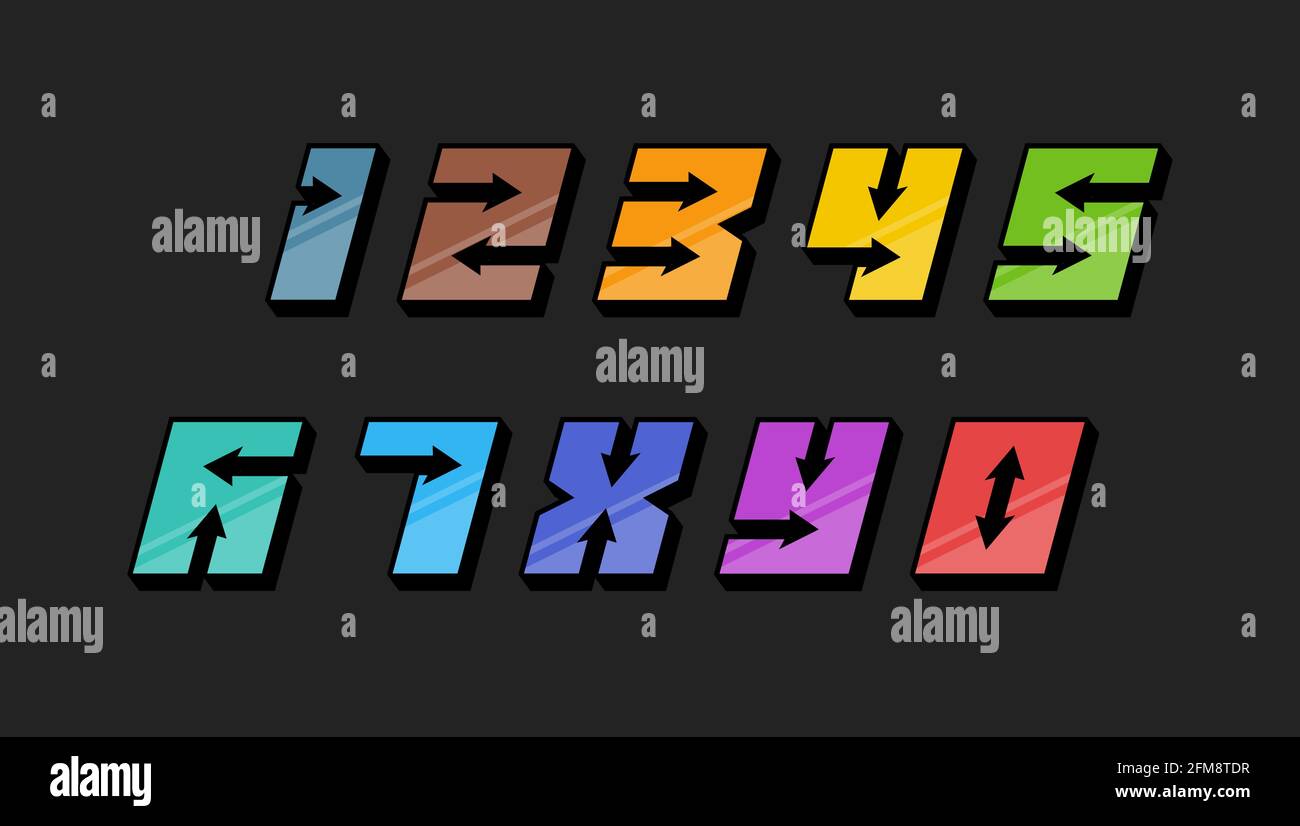 Numbers colourful set in 3d italic vintage style with arrows in speedy srtyle trendy typography consisiting of 1 2 3 4 5 6 7 8 9 0 for poster design and or greeting card. Vector modern font EPS 10 Stock Vector