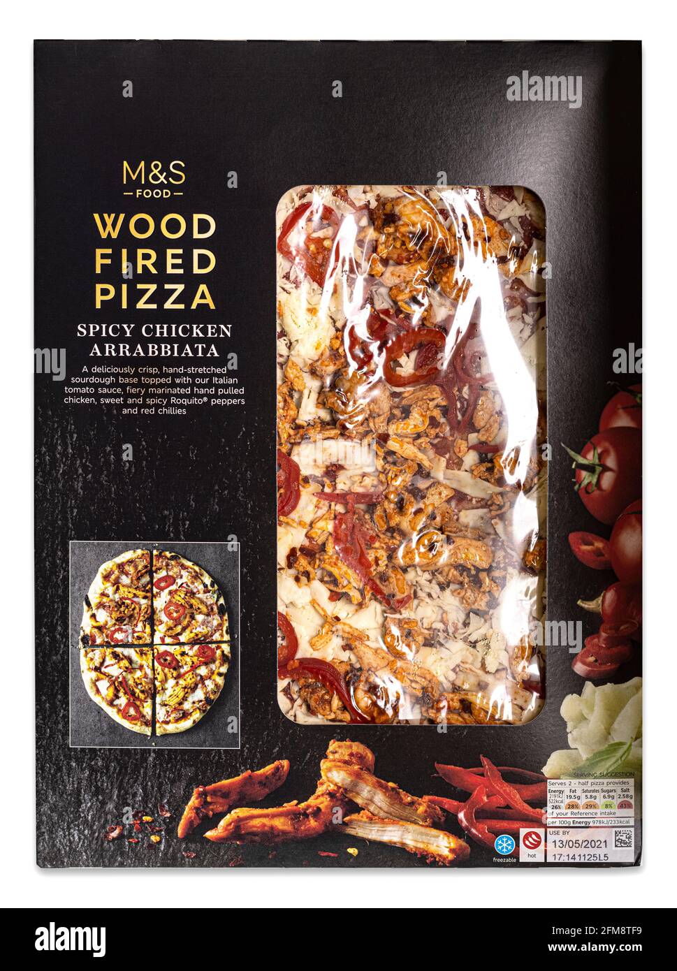 Marks And Spencer Food Spicy Chicken Arrabbiata Wood Fired Pizza on a white background Stock Photo
