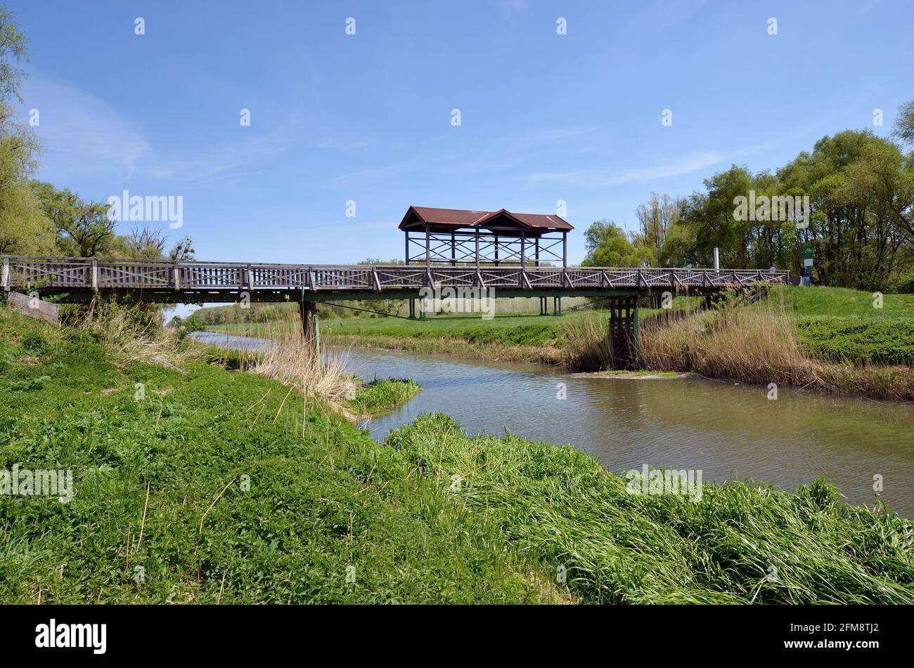 Austria, the rebuilt historical bridge of Andau, where the refugees from Hungary fled to Austria in 1956 from the Hungarian revolution Stock Photo