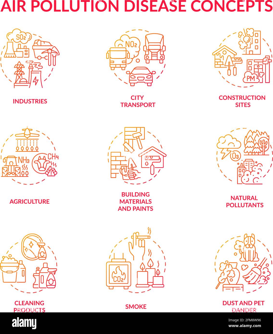 Air pollution disease concept icons set Stock Vector